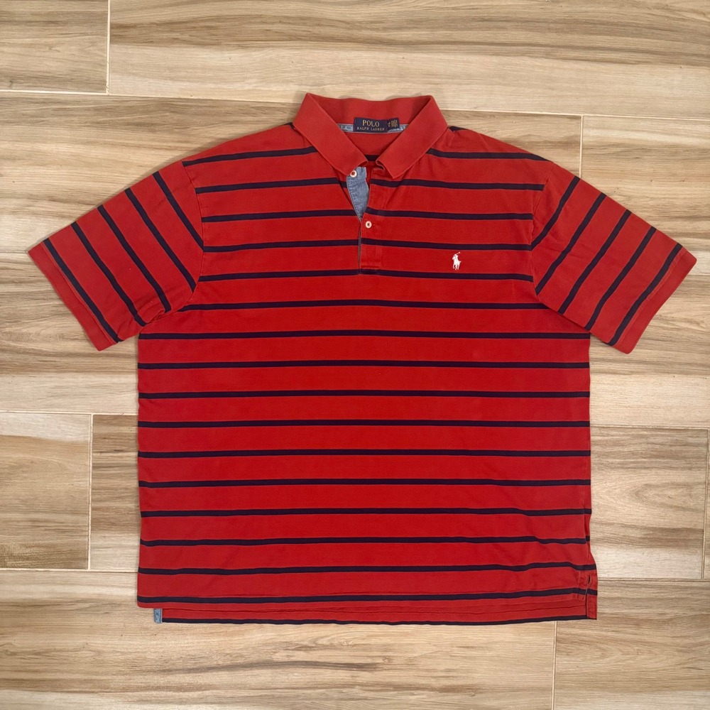 Polo Ralph Lauren Mens 2XB Red Navy Blue Striped Short Sleeve Polo Shirt Cotton